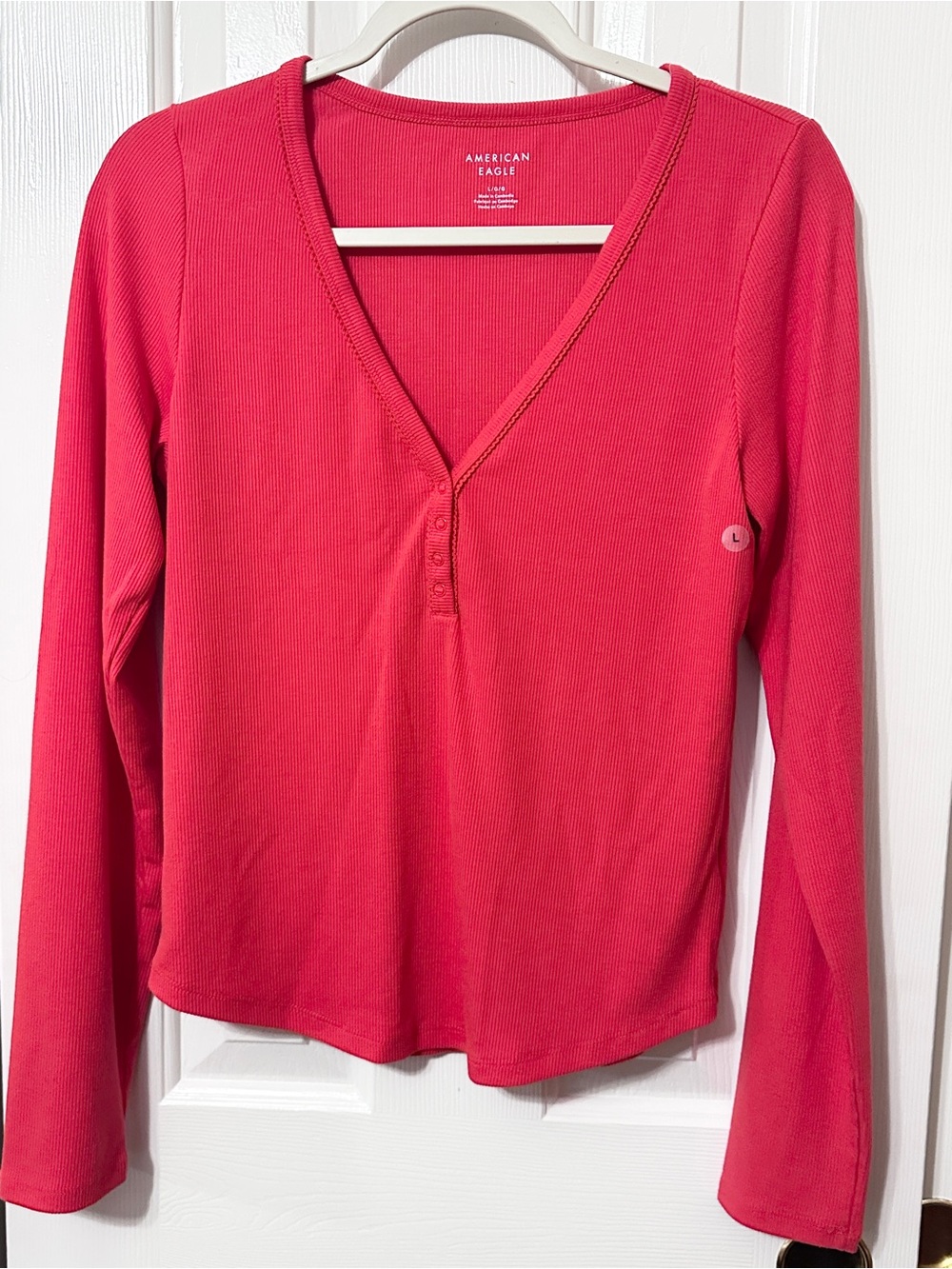 American Eagle Outfitters Coral-Red Ribbed Long-Sleeve Henley Top